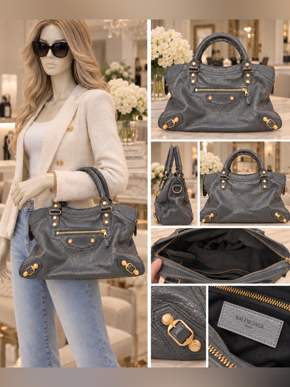 Grey Textured Leather Bag with Gold Hardware